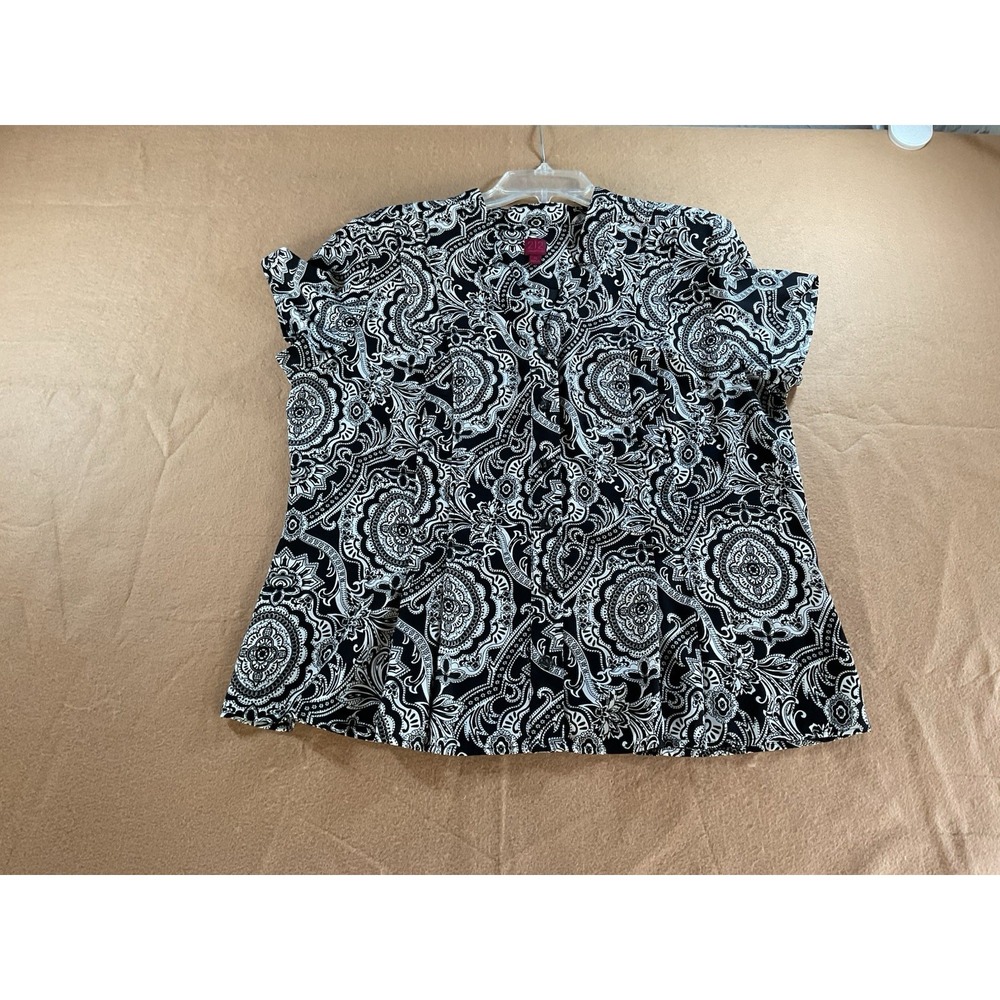 212 Collection Womens XL Black White Paisley Button Front Peplum Blouse Top